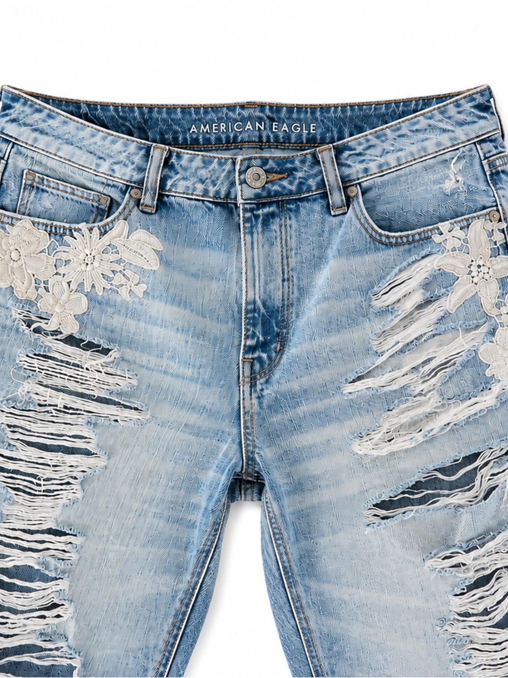 American Eagle Hi-Rise Tomgirl Jeans Distressed Floral Embroidered 14 X-Short